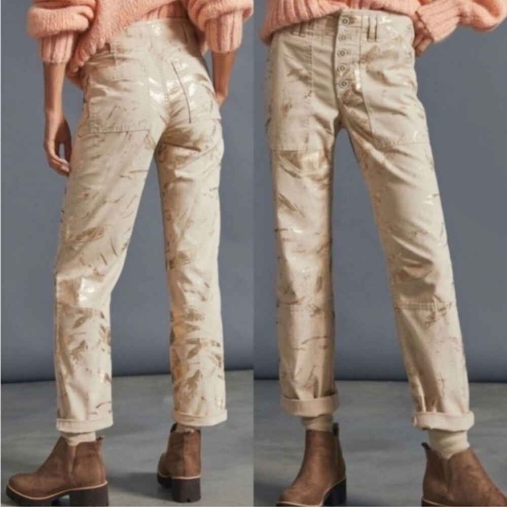 ANTHROPOLOGIE The Wanderer Tan w/Gold Metallic Splatter Pants • 25